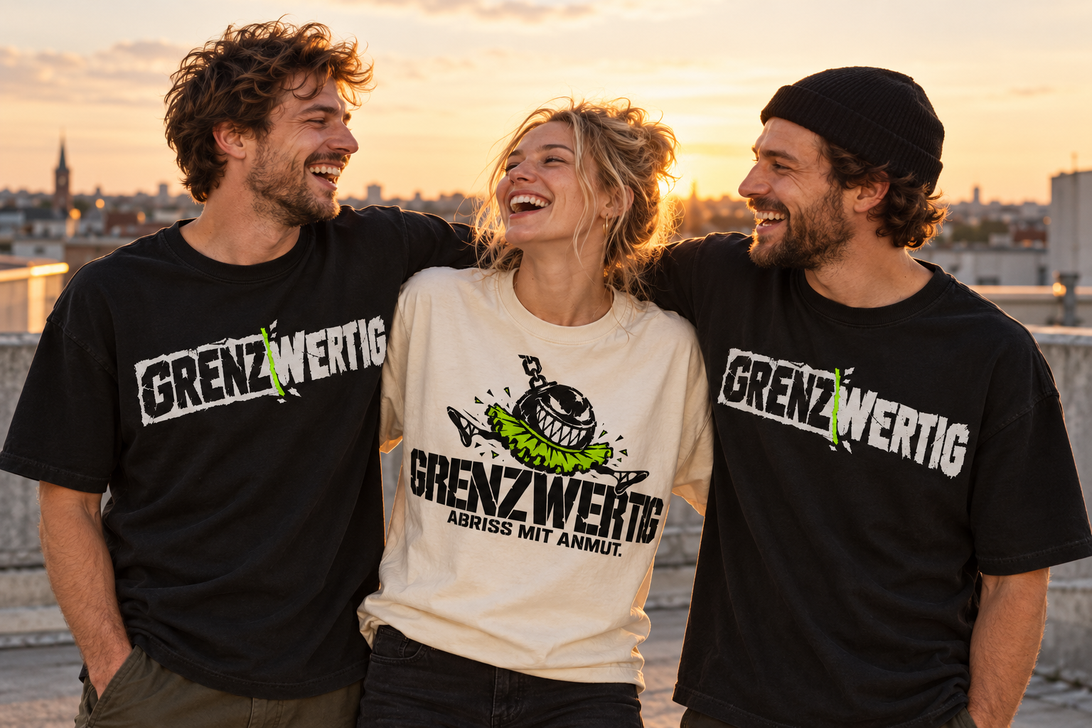 Inszeniertes Tragebild: Drei Freunde lachen zusammen in GRENZWERTIG Shirts auf einer Dachterrasse